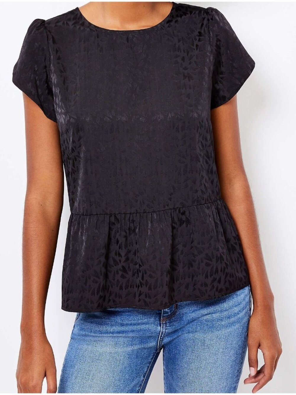Ann Taylor LOFT Womens XXL‎ Heart Print Tulip Sleeve Peplum Top in Black 1797